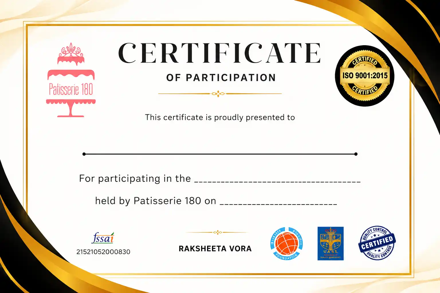Patisserie 180 Certificate of Participation
