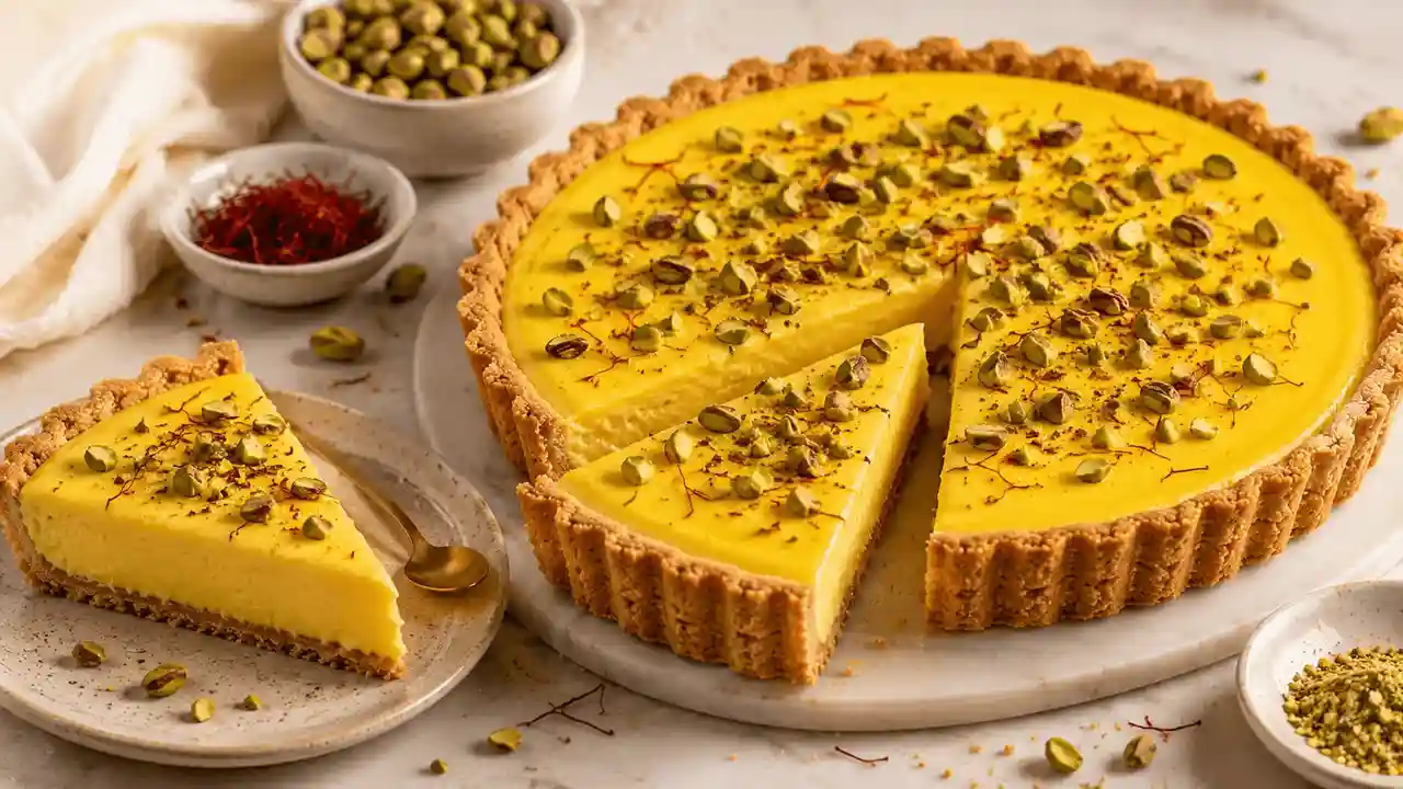 Kesar Pista Tart with Saffron Custard